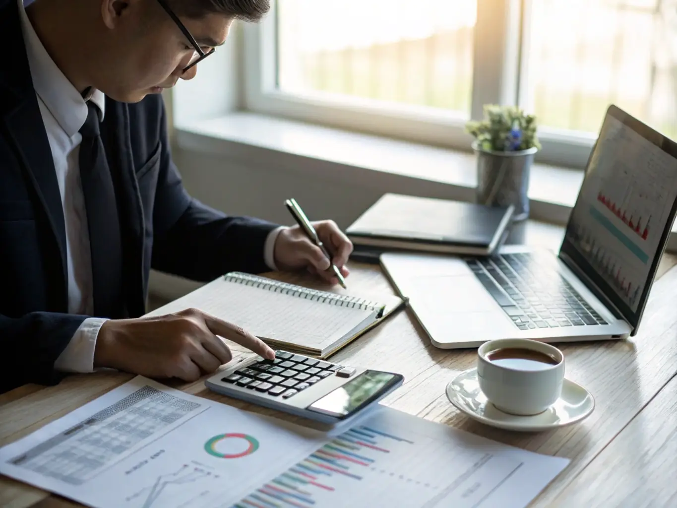 An accountant reviewing financial documents with a calculator and laptop, symbolizing accurate financial reporting.
